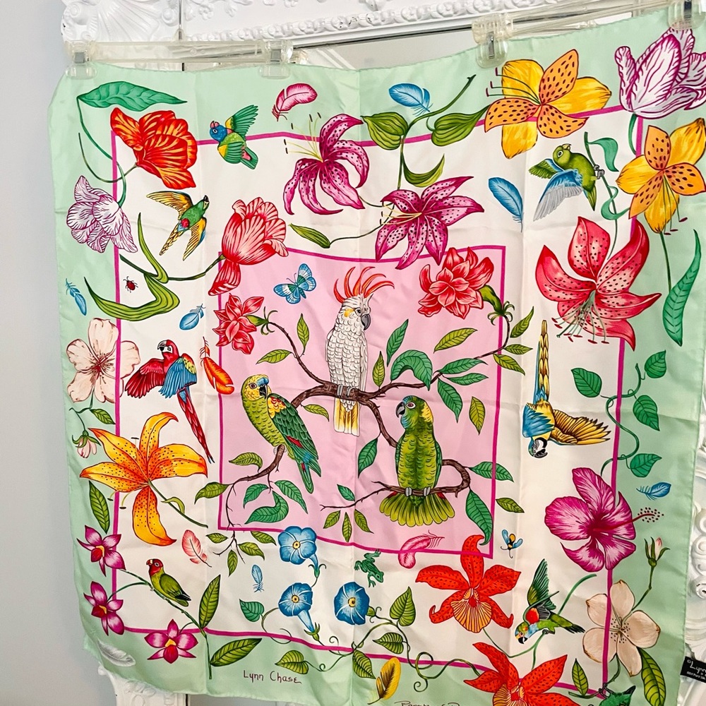 Vintage Lynn Chase Parrots of Paradise 100% SILK Printed Colorful Scarf - Picture 2 of 6